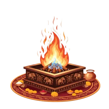Hawan kund with sacred fire, ritual samagri and offerings